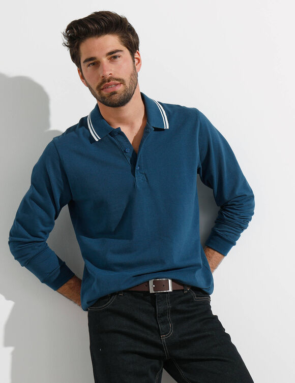 Polo uni maille piquée manches longues (bleu canard)
