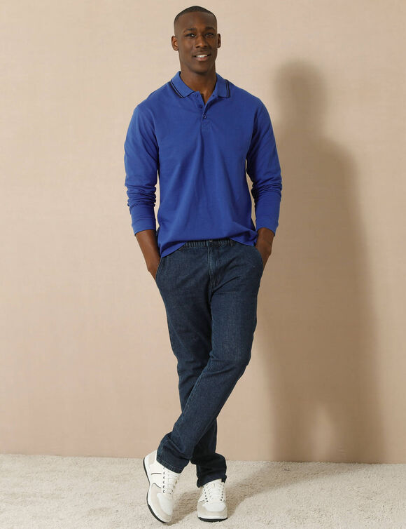 Polo uni maille piquée manches longues (bleu)