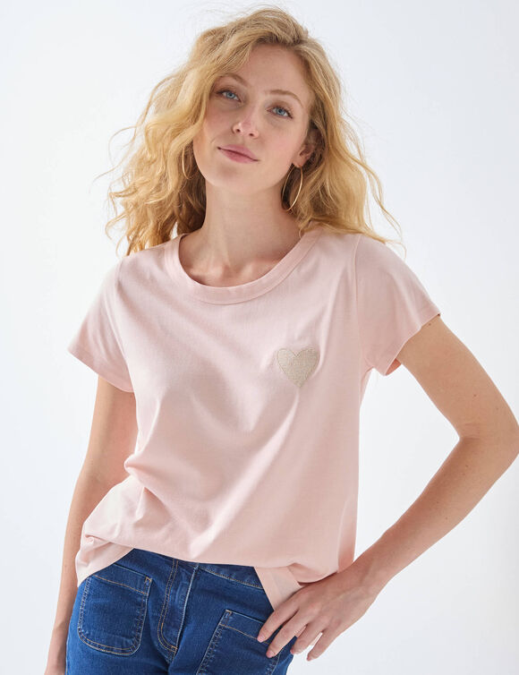 T-shirt uni brodé coeur manches courtes (rose pâle)