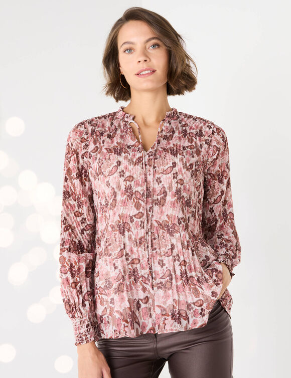 Geplooide blouse met bloemprint, van voile (roze / chocolade)