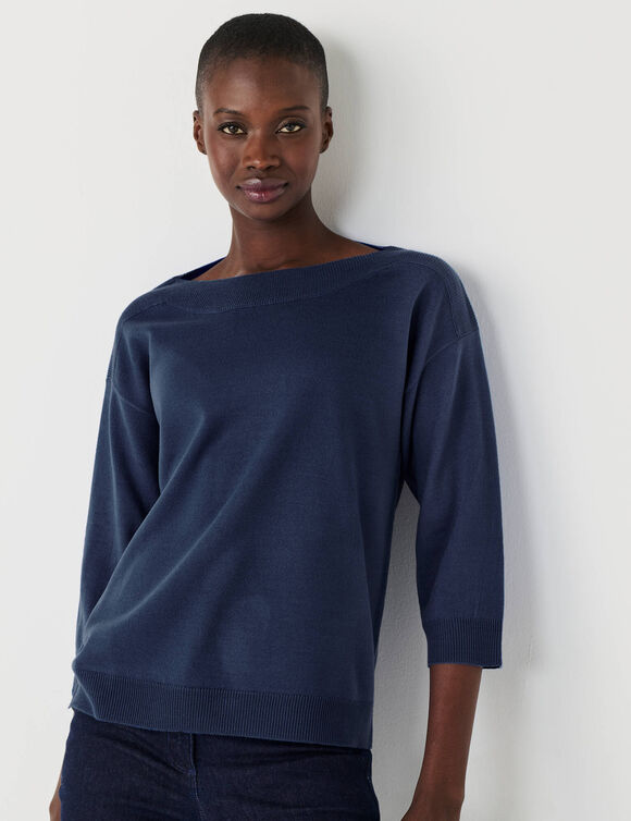 Pull col bateau manches 3/4, toucher doux (marine)