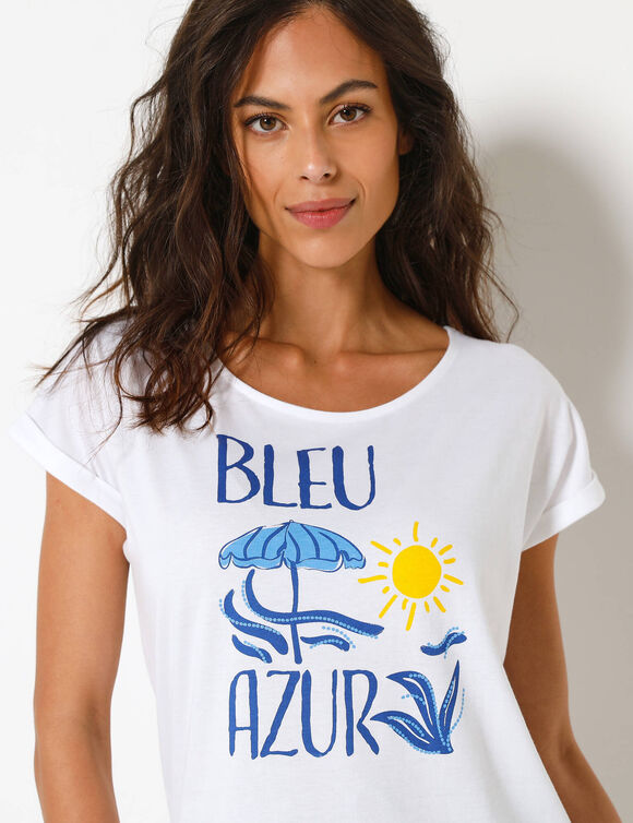 T-shirt col rond manches courtes, imprim&eacute; plac&eacute; "Bleu azur" (blanc / bleu)