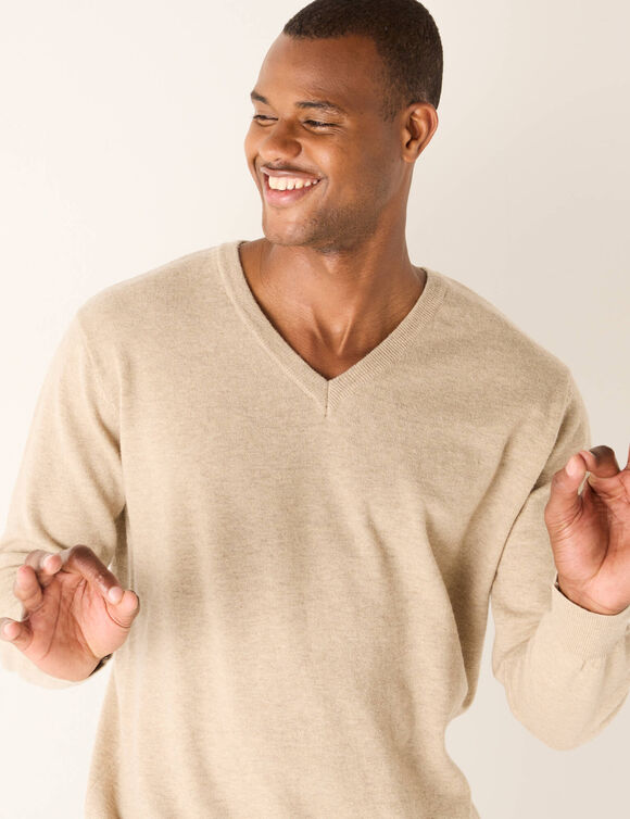 Pull col V 80% laine (taupe clair)