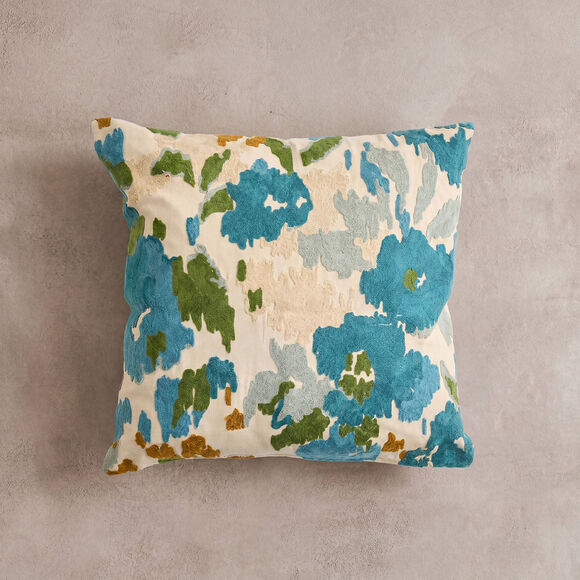 Coussin brod&eacute; multicolore Andr&eacute;a (&eacute;cru / bleu)