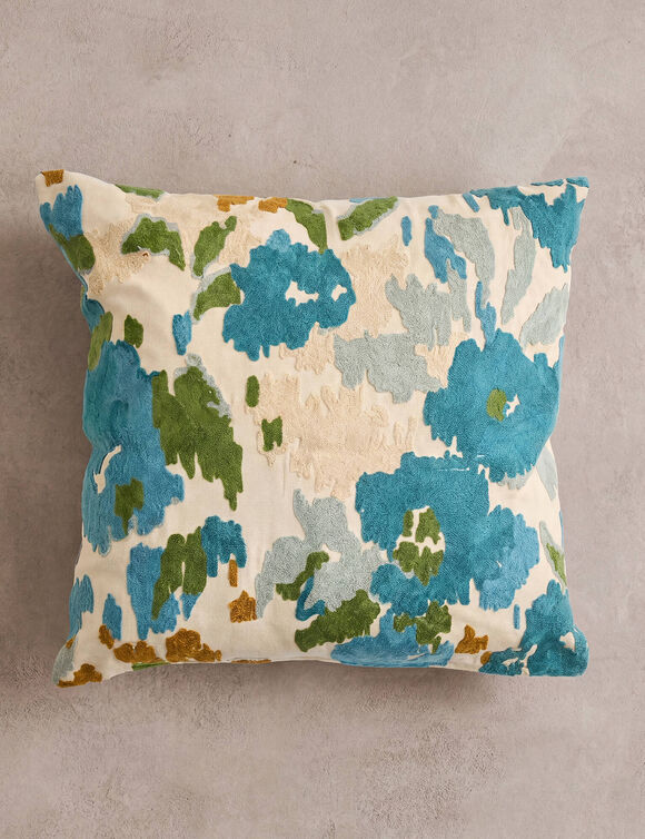 Coussin brod&eacute; multicolore Andr&eacute;a (&eacute;cru / bleu)