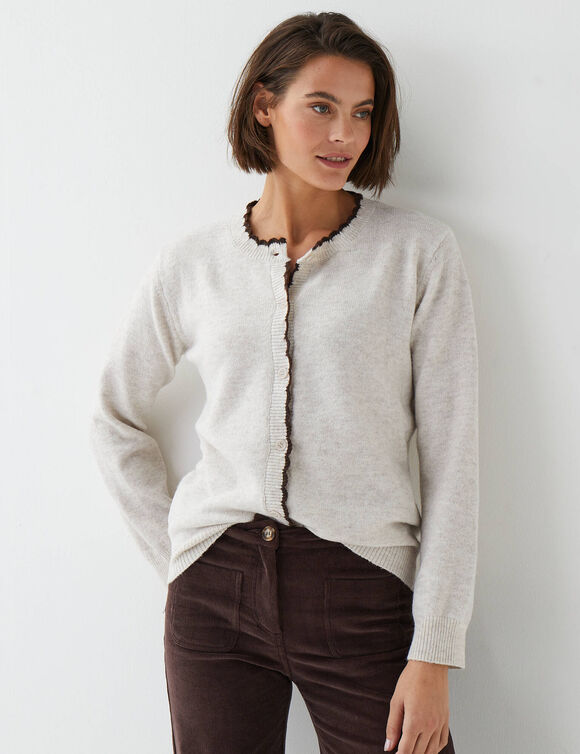 Cardigan &agrave; bords festonn&eacute;s contrast&eacute;s, enrichi en laine (beige / chocolat)