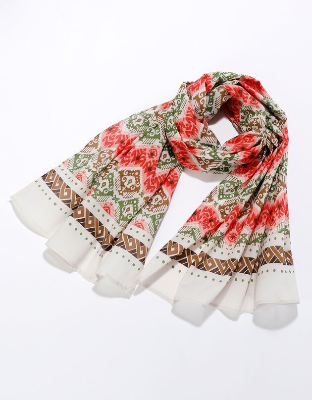 Foulard style chèche fabriqué en France imprimé graphique, 160 x 70 cm  - coton (kaki / corail)