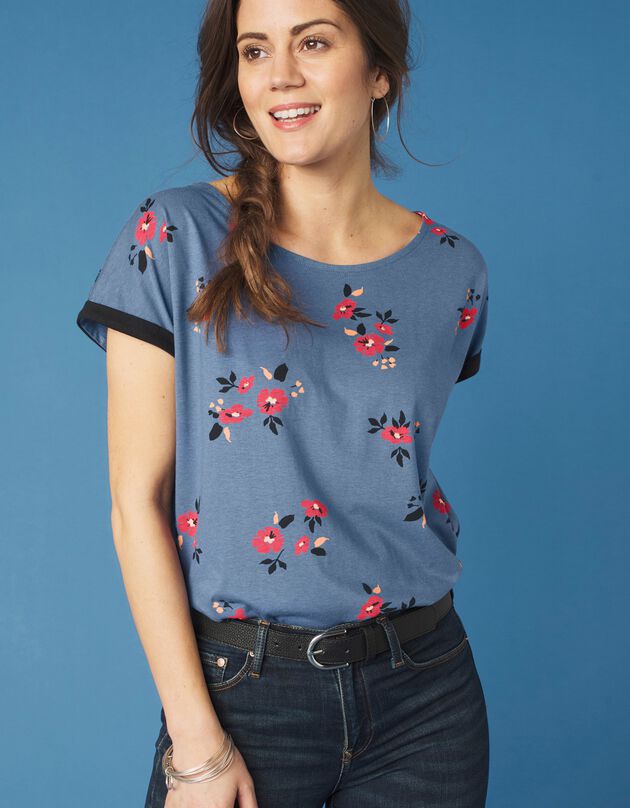 T-shirt met bloemenprint, mouwen met omslag, grijsblauw, hi-res