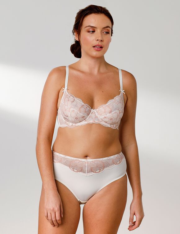 Soutien-gorge microfibre et dentelle bicolore forme corbeille Pahala – avec armatures (ivoire / taupe)