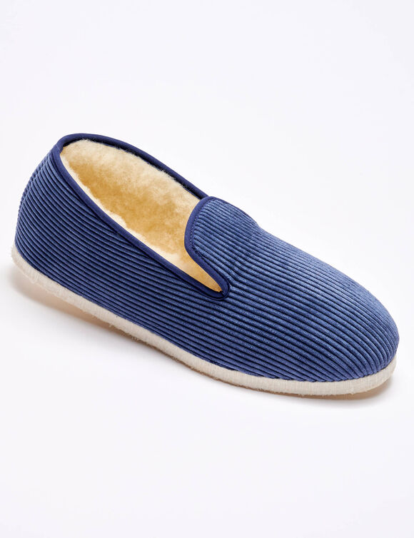 Stille pantoffels in velours met wolvoering (marineblauw)