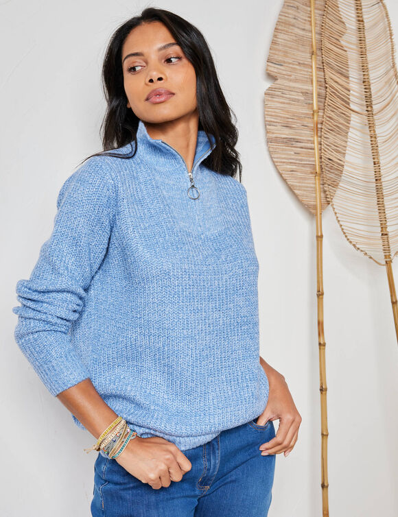 Pull col zippé, maille anglaise (bleu chiné)