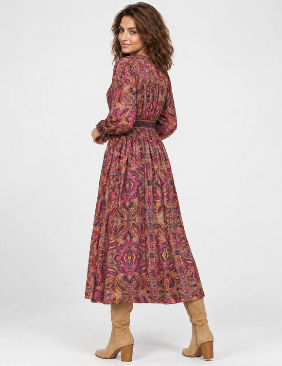 Lange jurk met knopen en bedrukte print, gesmokte taille (paars)