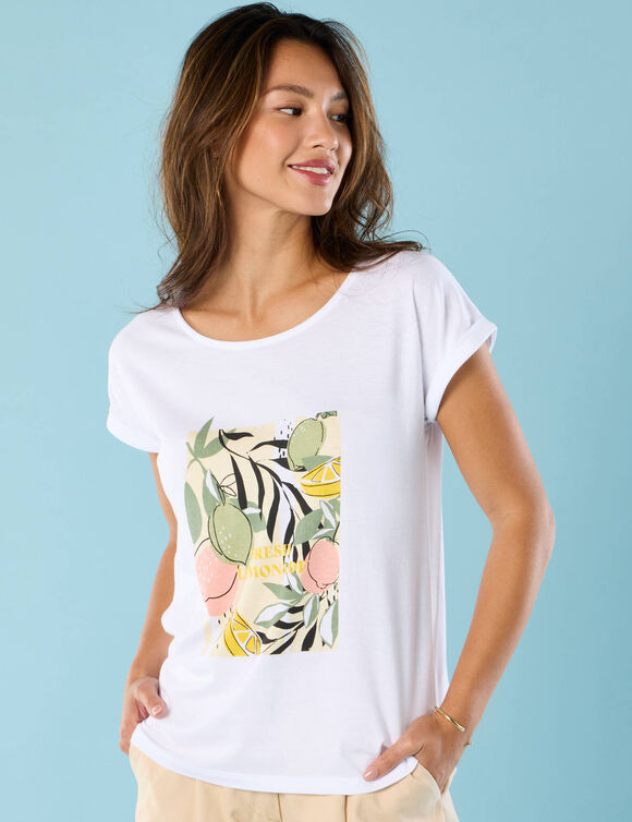 T-shirt manches courtes imprimé placé, Spécial Petites (blanc)