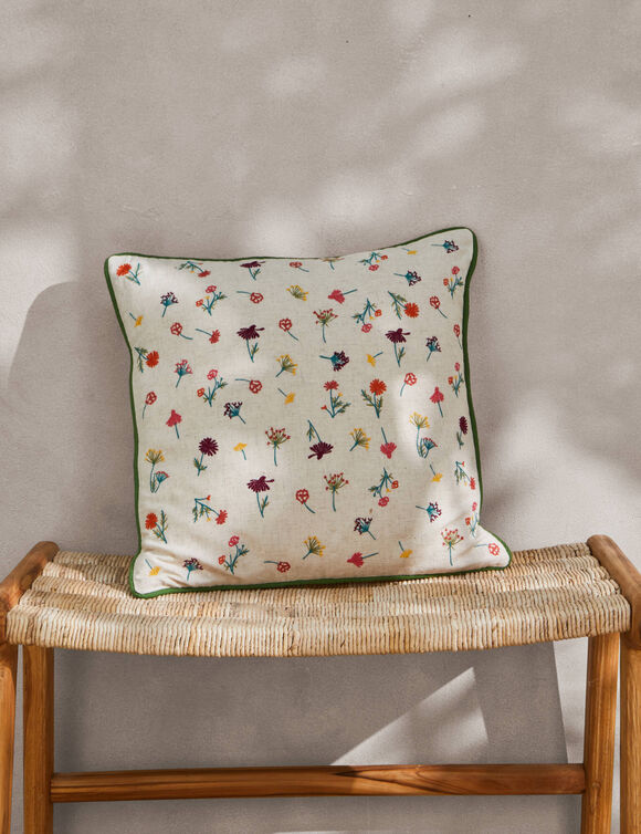 Coussin coton lin broderie fleurie (vert / orange)