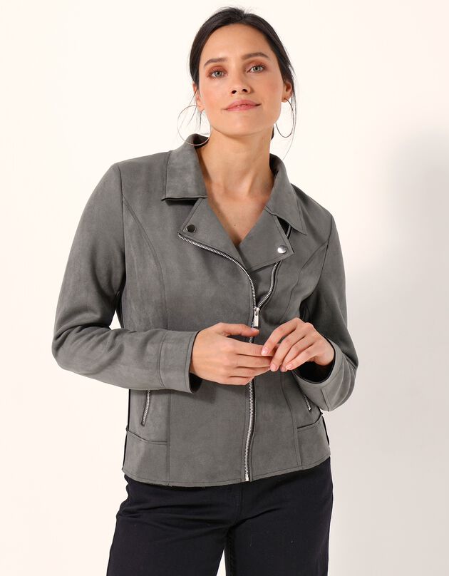 Blouson zippé suédine col tailleur pressionné (kaki)