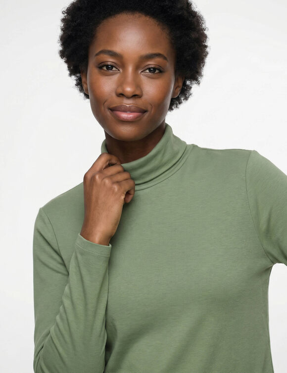 Sous-pull col roul&eacute; coton stretch uni (kaki)