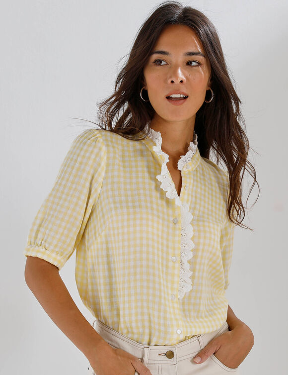 Chemisier &agrave; carreaux, en gaze de coton (geel)