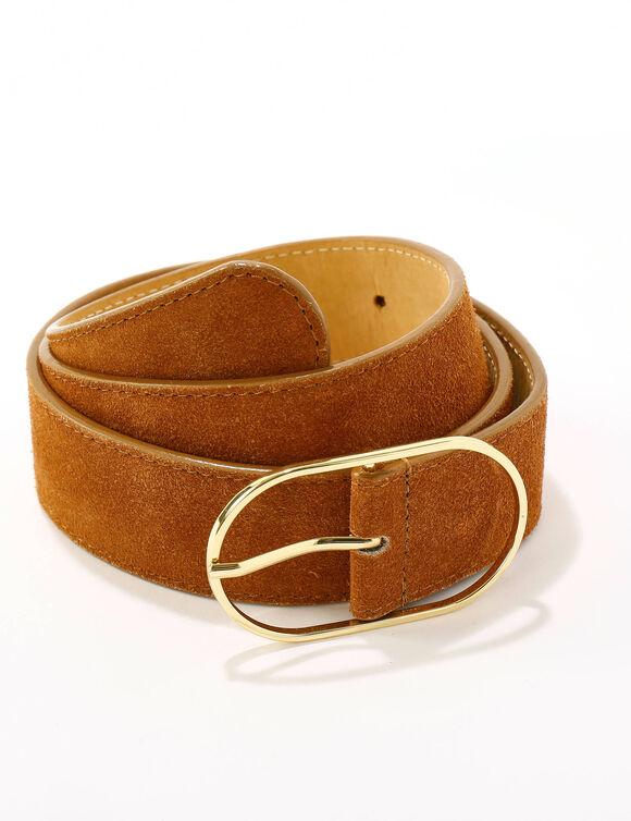 Riem met goudkleurige gesp, su&egrave;desplitleer (karamel)