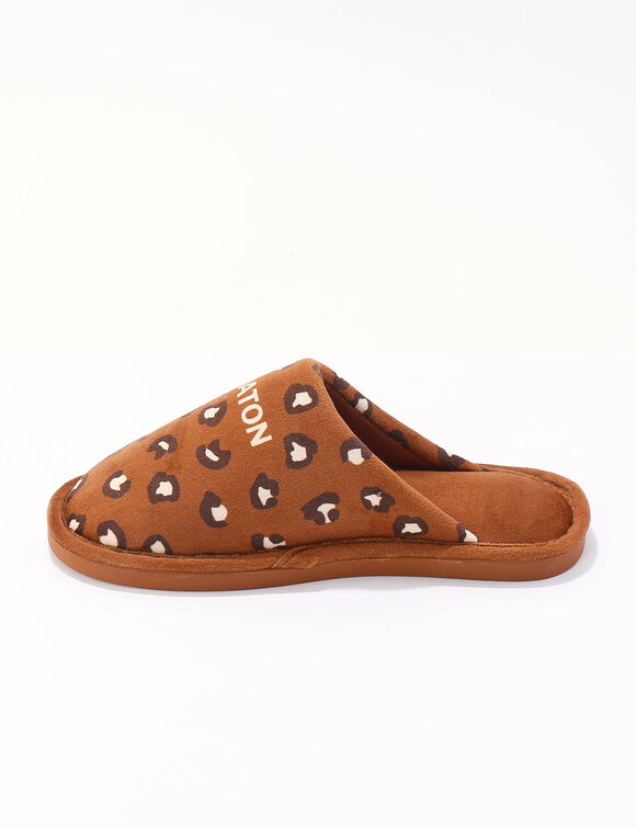 Mules met opdruk, luipaard-motief. (karamel)