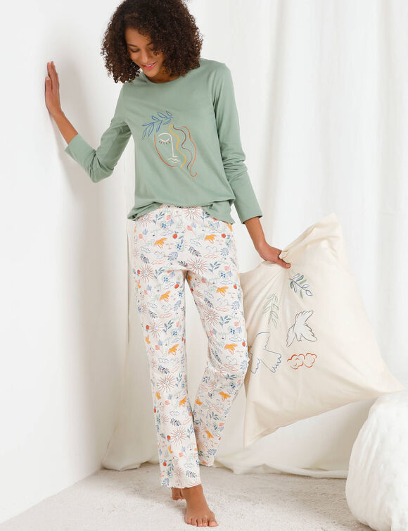 Pyjama pantalon imprimé "Madère" (vert / beige)