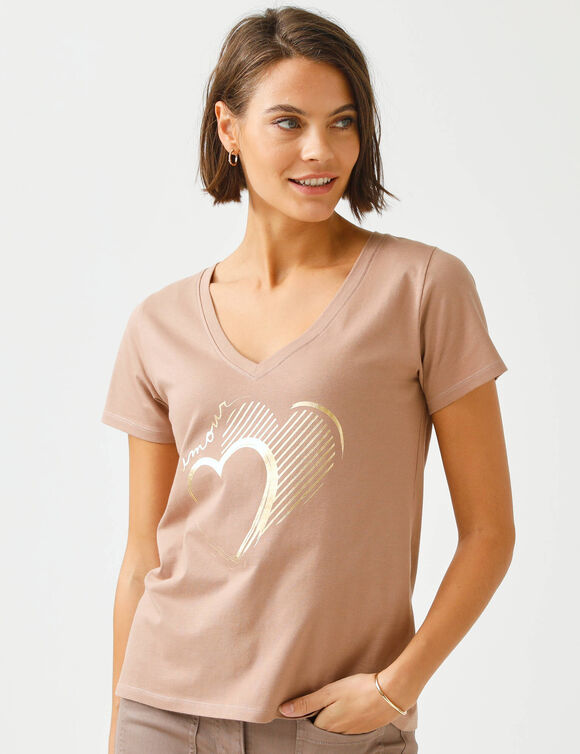T-shirt col V imprim&eacute; dor&eacute; (taupe clair)