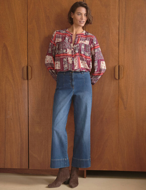 Chemisier col mao, cr&eacute;pon imprim&eacute; patchwork (prune / beige)