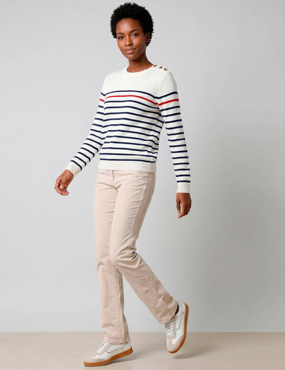 Pull col rond ray&eacute; marini&egrave;re, boutons &eacute;paule (&eacute;cru / bleu)