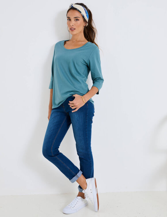 T-shirt manches 3/4 uni, coton (vert grisé)