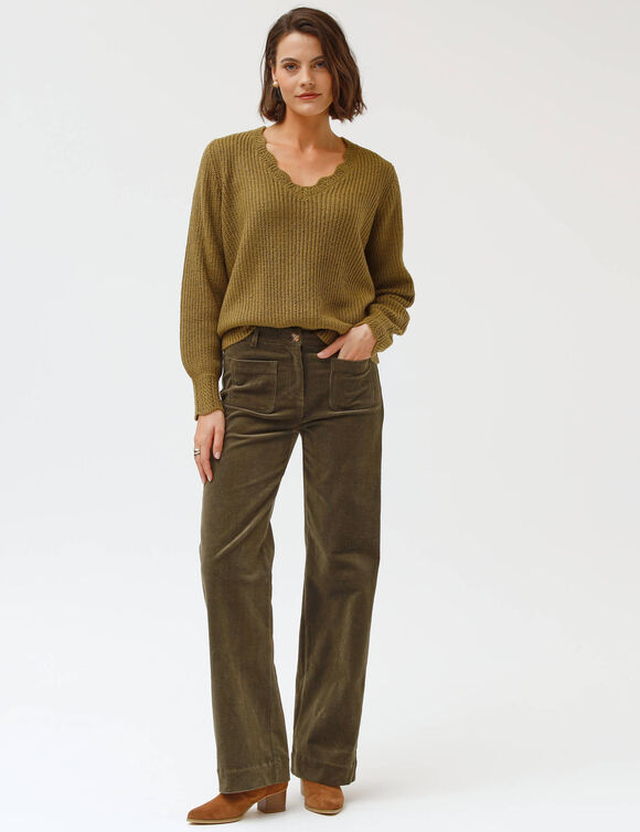 Trui met V-hals, patenttricot (olijfgroen)