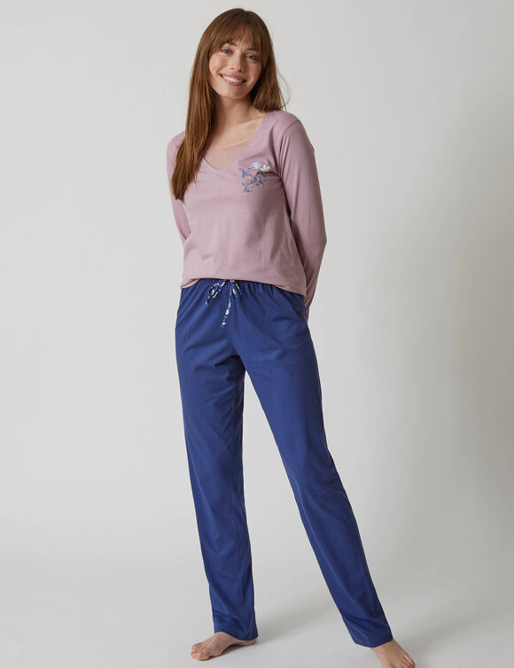 T-shirt pyjama manches longues motif floral imprimé  (mauve grisé)