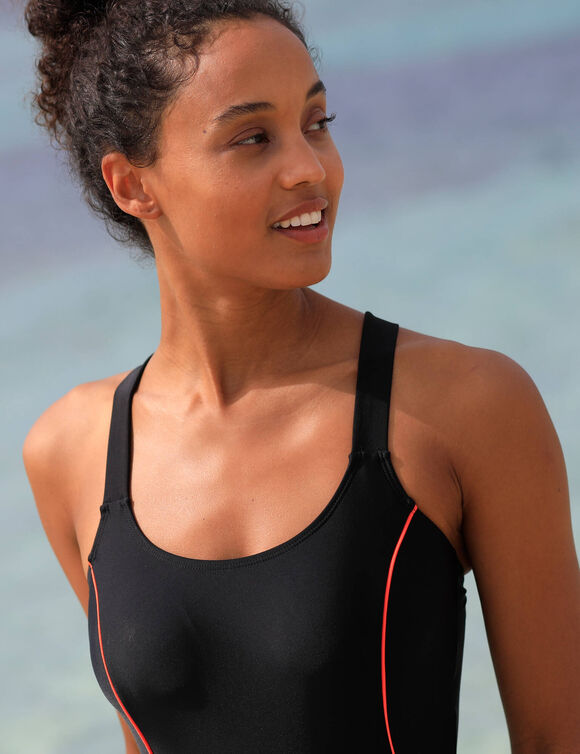 Maillot de bain 1 pièce uni Lohena, spécial maintien (noir / orange)