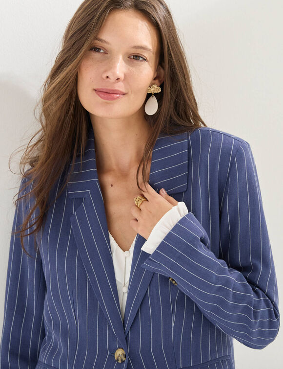 Veste blazer ray&eacute;e, viscose-lin (bleu)