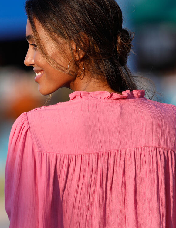 Chemisier col volanté, crépon et macramé (mandarine)