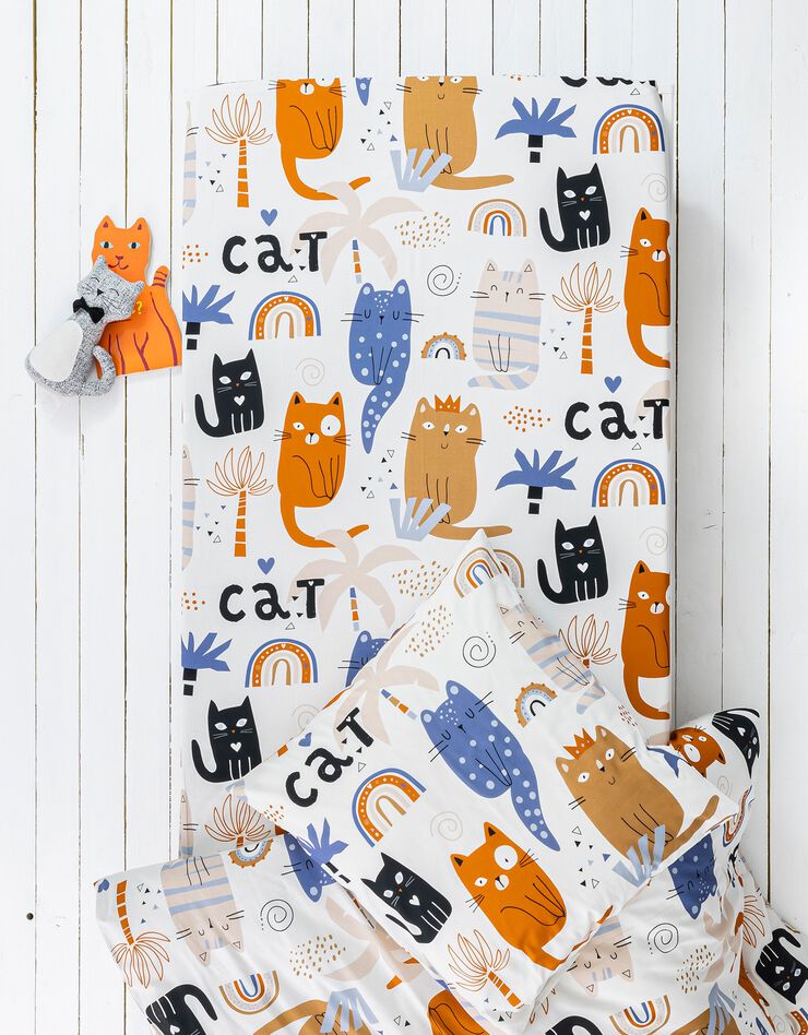Bedlinnen voor kids, Minou, met katprint, 1 persoon - katoen (wit)