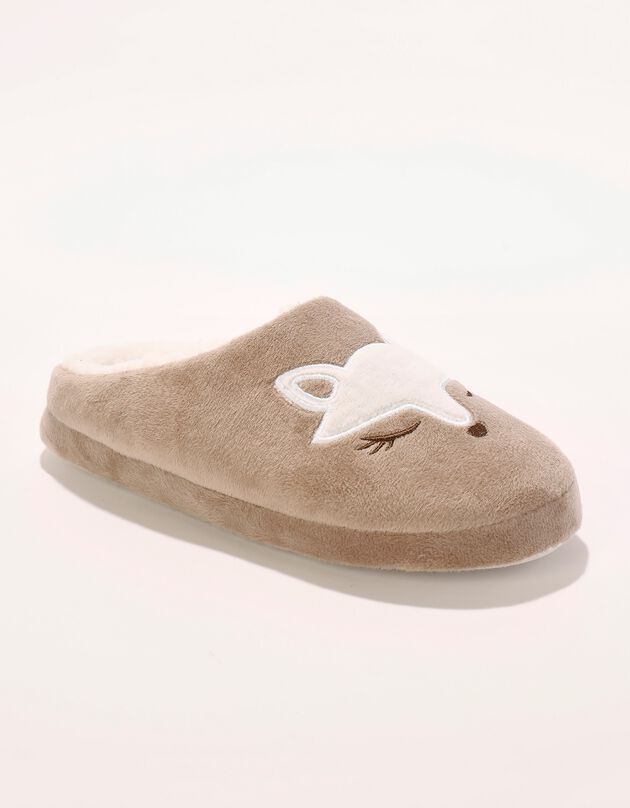 Mules polaire brodées tête de renard (taupe)