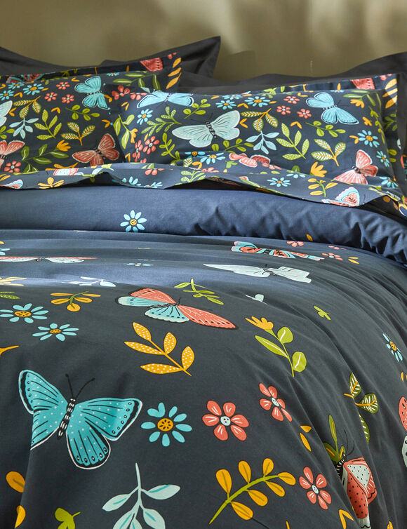 Bedlinnen Envolée in katoen met vlindermotieven (marineblauw)