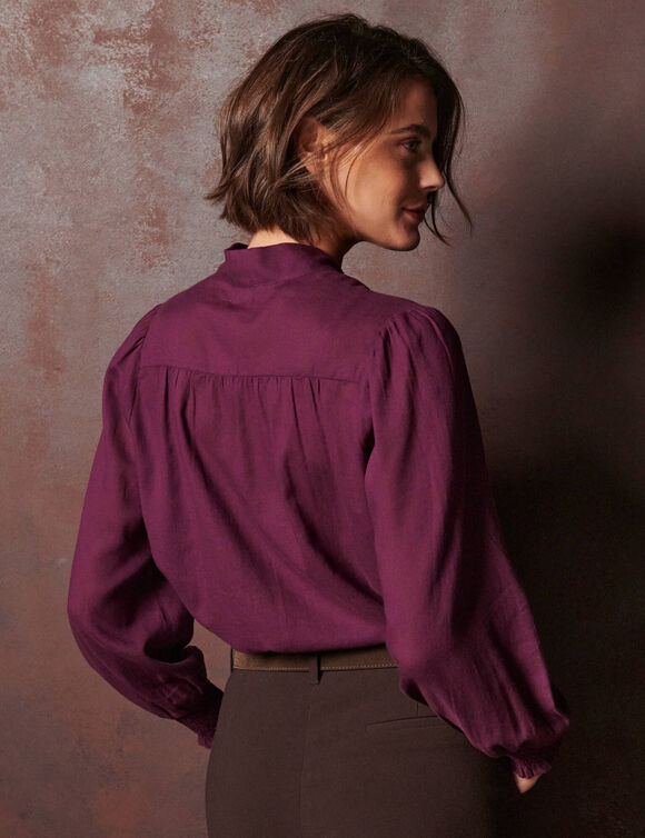 Blouse &agrave; lavalli&egrave;re, manches longues, unie (bordeaux)