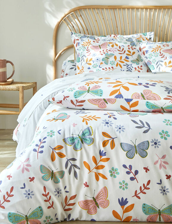 Linge de lit Envolée en coton à motifs papillons (blanc)