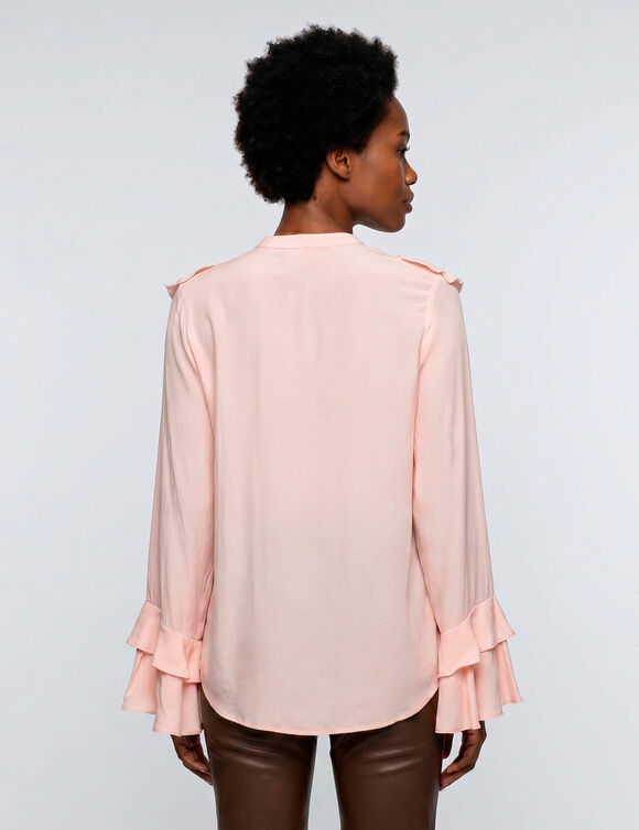 Blouse met officierskraag en ruches, uitlopende mouwen, cr&ecirc;pe (poederroze)