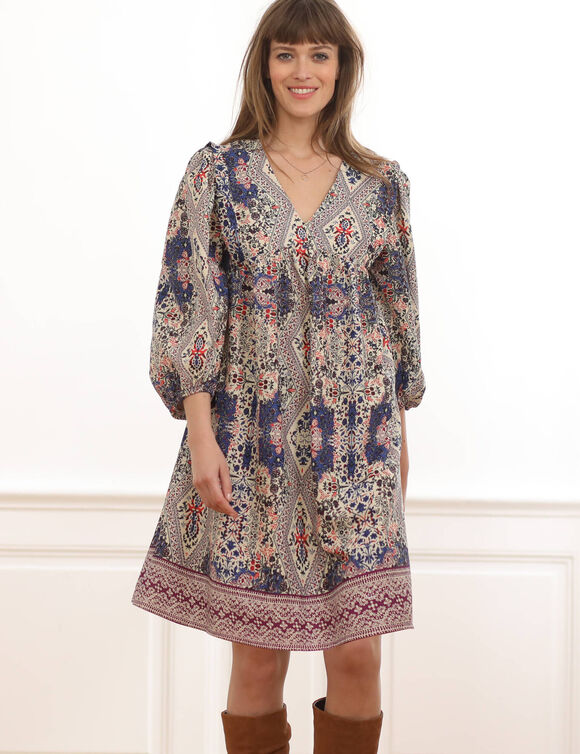 Robe imprimée manches amples (bleu / prune)