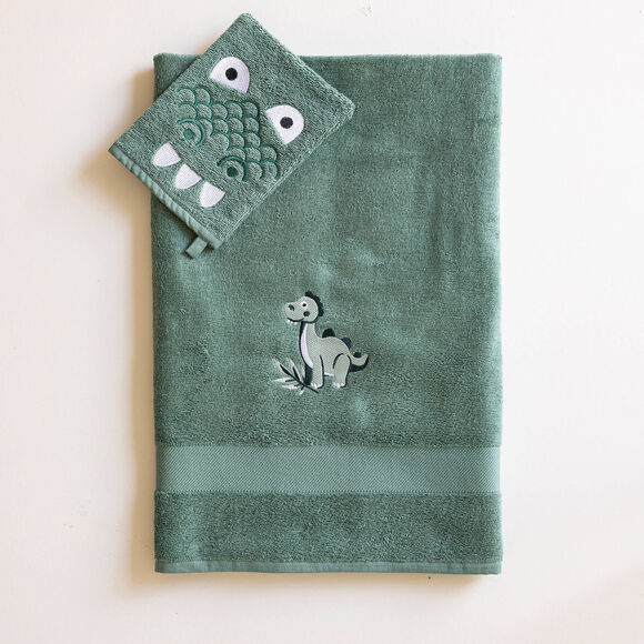 Badstofcollectie voor kinderen, geborduurd dinosaurusmotief, katoen - 380 g/m2 (eucalyptus)