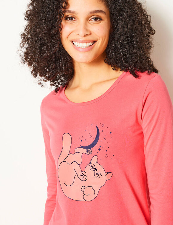 Pyjama met lange mouwen en poesprint (koraal)