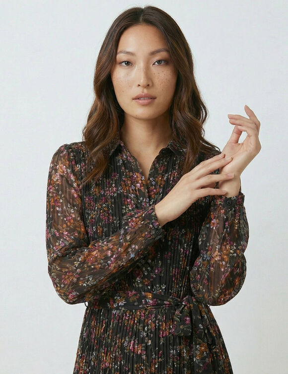 Robe-chemisier longue en voile jacquard imprim&eacute; floral (noir / violine)