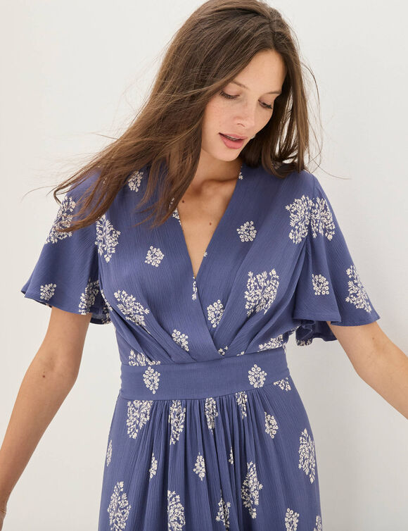Robe courte cache-coeur imprim&eacute;e bouquet (bleu)