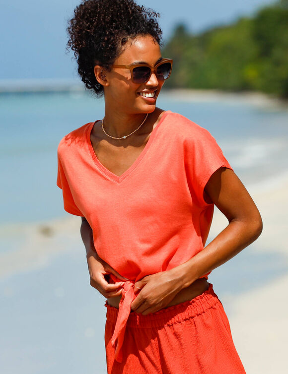 T-shirt noué, uni (orange)