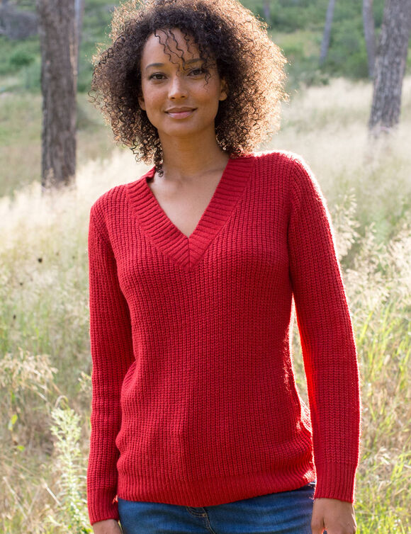 Pull loose col V, maille anglaise (rouge)
