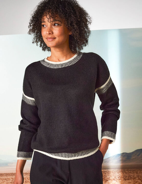 Pull loose bicolore, col rond (noir / écru)