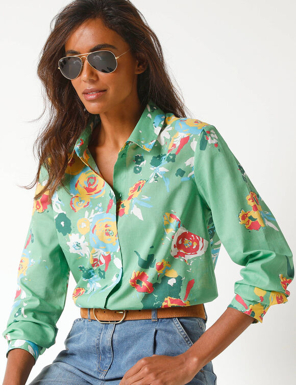 Chemise imprimé fleuri maxi, coton (vert / multicolore)