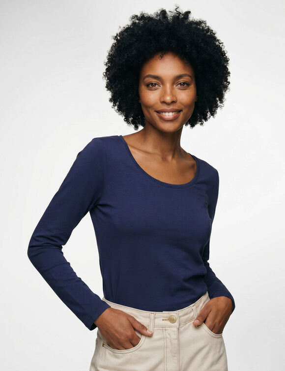 T-shirt col rond uni, maille douce (bleu encre)