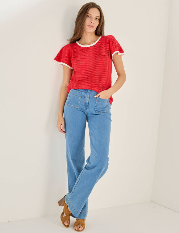 Pull manches courtes, maille fantaisie (rouge / &eacute;cru)